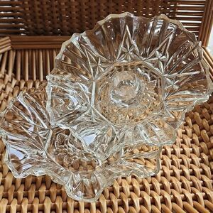Vintage Federal Pressed Glass Scalloped Edge Fruit Embossed Candle Holders